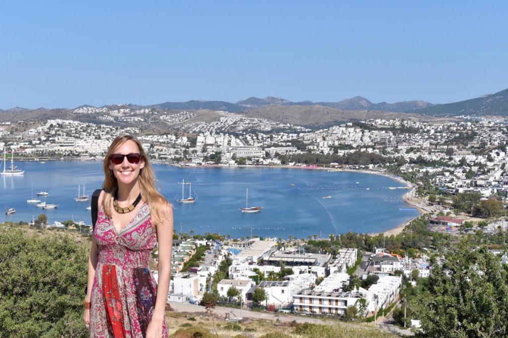 Hayley on the hill in Bodrum, with the town and sea below