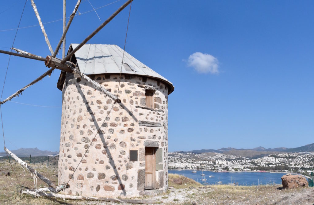 A windmills overlooking the water in Bodrum