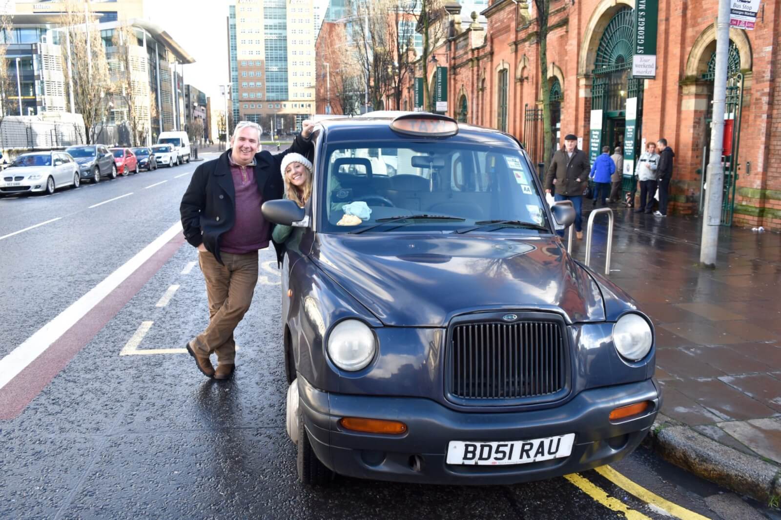 Hayley and Billy Scott in his black cab in Belfast