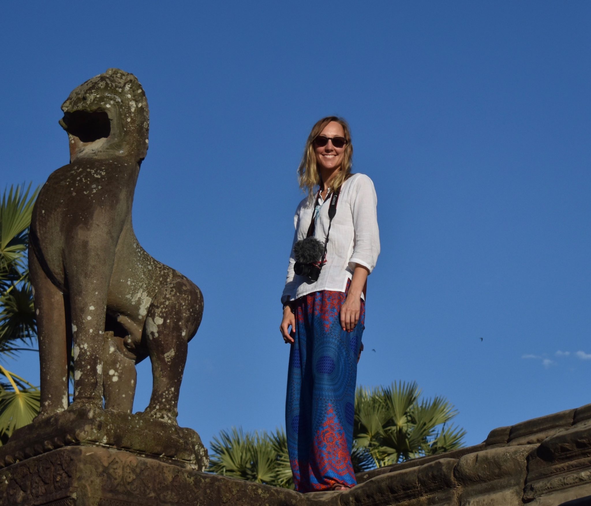 Hayley wearing a long sleeve top at Angkor Wat
