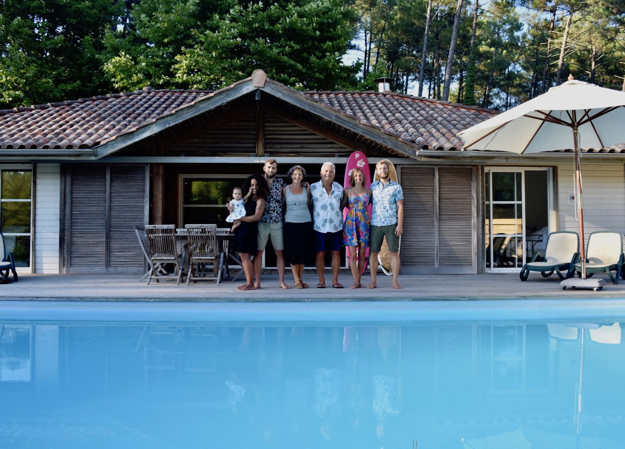 Family standing by a swimming pool