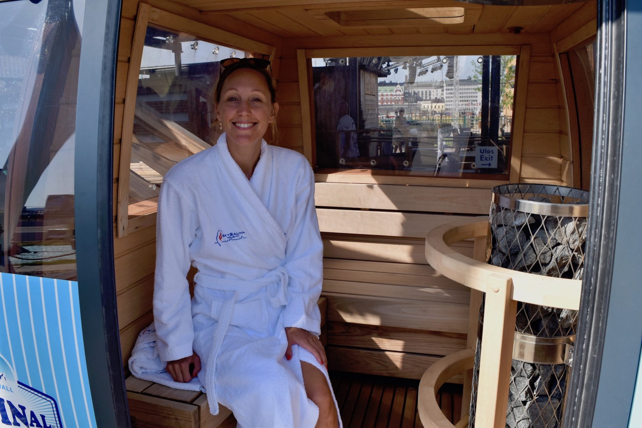 Hayley sat inside the sauna carriage at Sky Sauna Helsinki