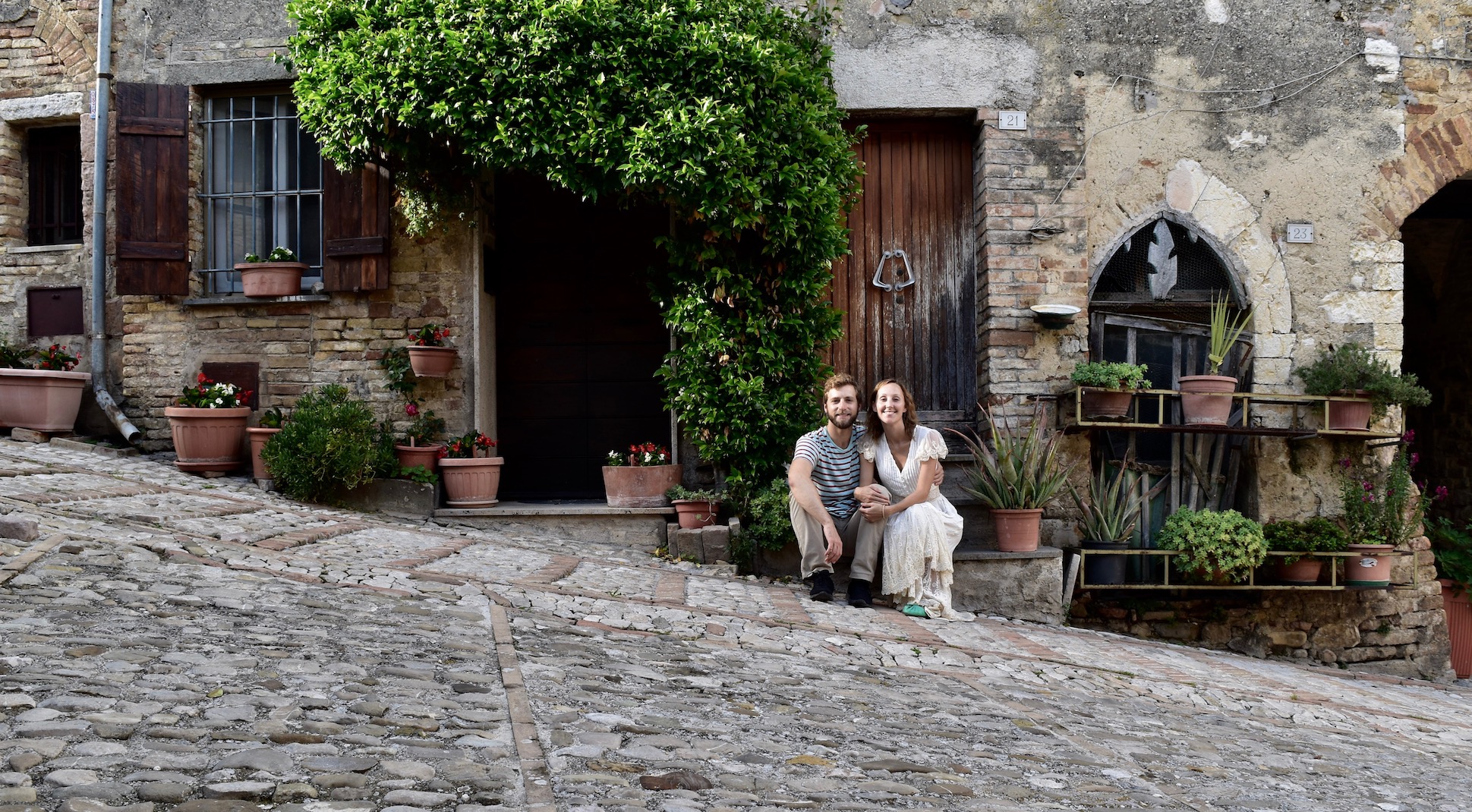 Hayley and Enrico on a cobbled street in a hill town in Umbria 