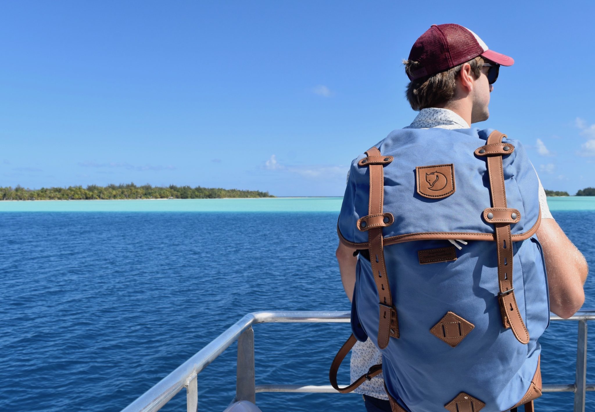 Enrico wearing the Fjallraven backpack in Bora Bora 