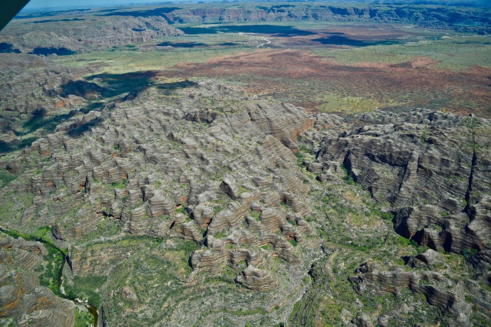 The rocky formations of the Bungle Bungle Ranges from above