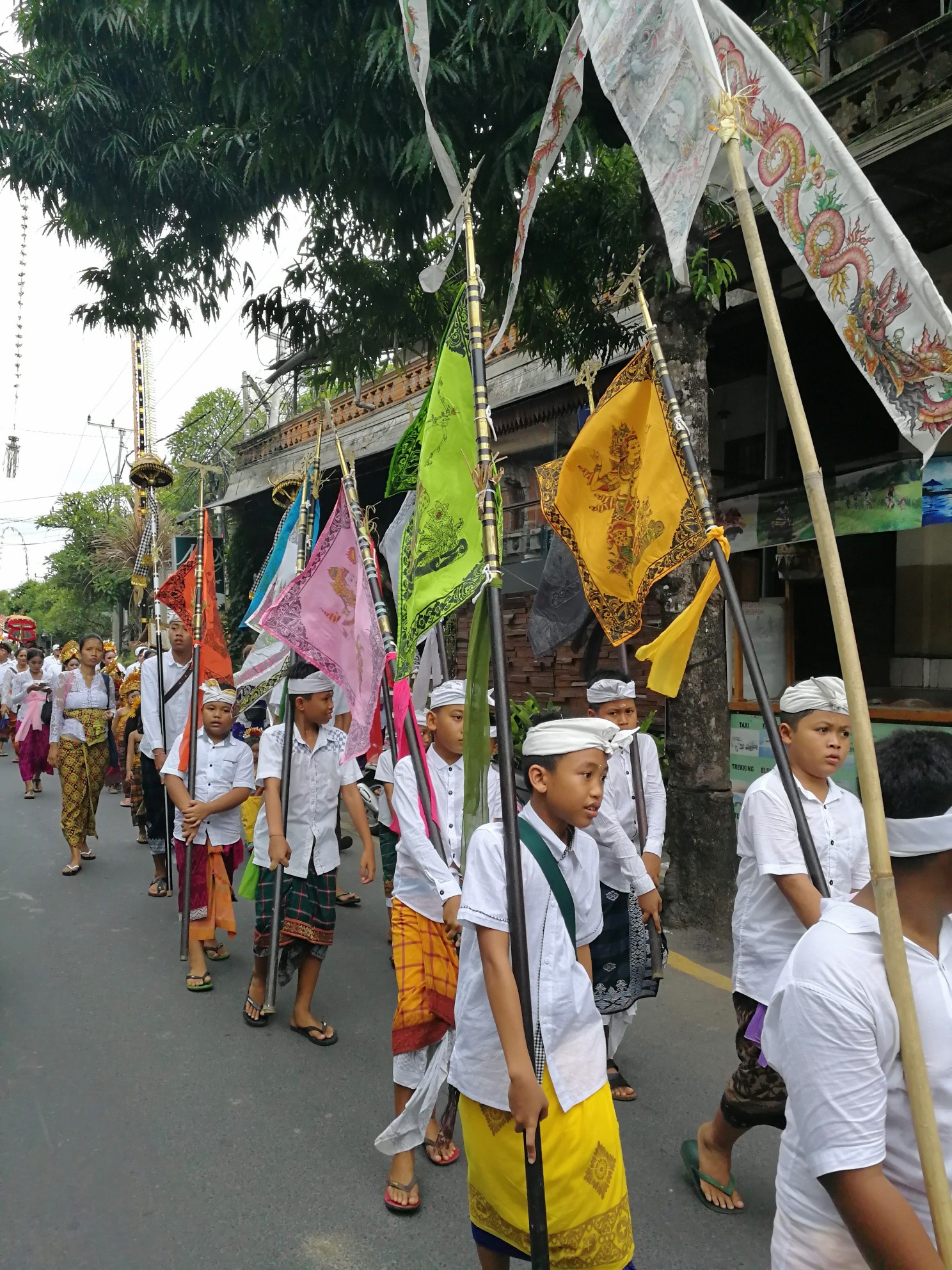 Young men parading with flags 
