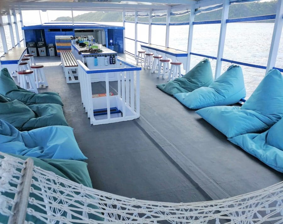 The boat deck, complete with bar and huge bean bags