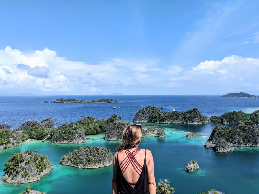 Sarah looking out of the islands and turquoise waters at Piaynemo viewpoint