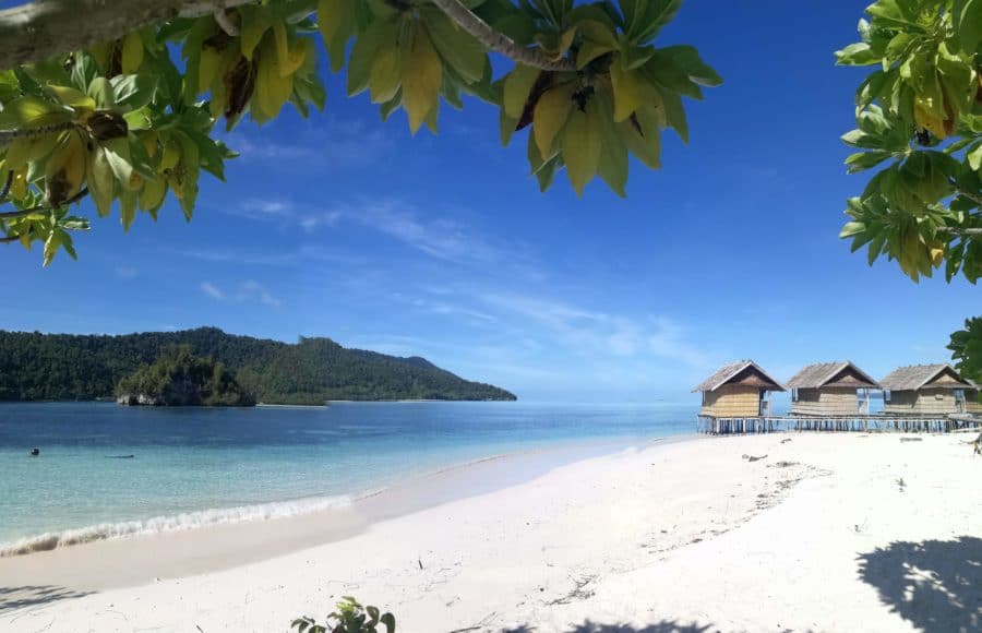 Beach huts on white sand overlooking crystal clear water 