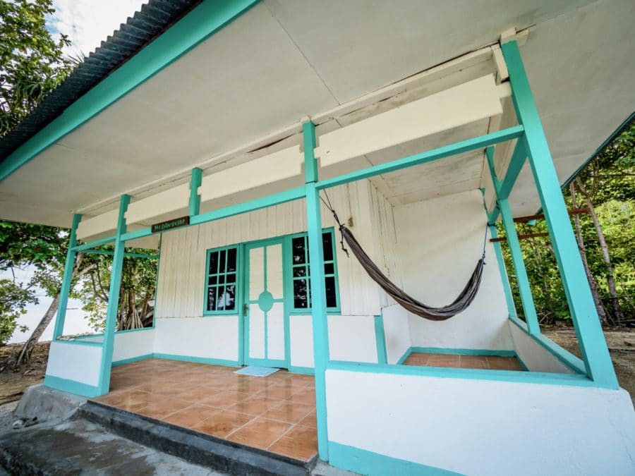 White and green beach bungalows