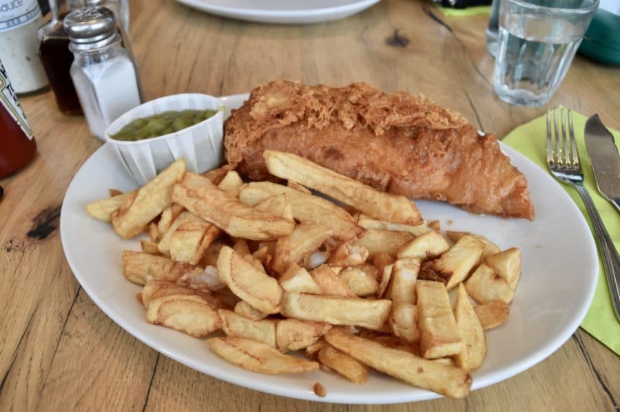 A big plate of fish and chips on Brighton Pier 