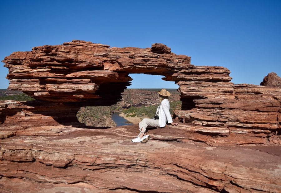 Hayley looking through the 'nature's window' rock formation in Kalbarri National Park