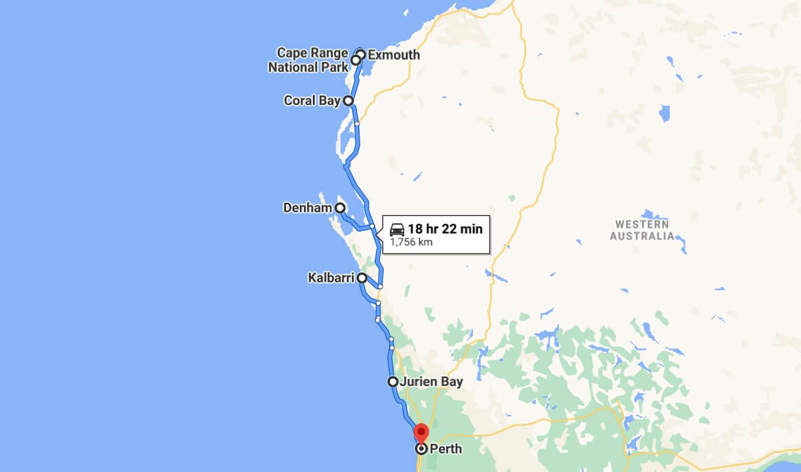 Map of the Perth to Exmouth road trip route 