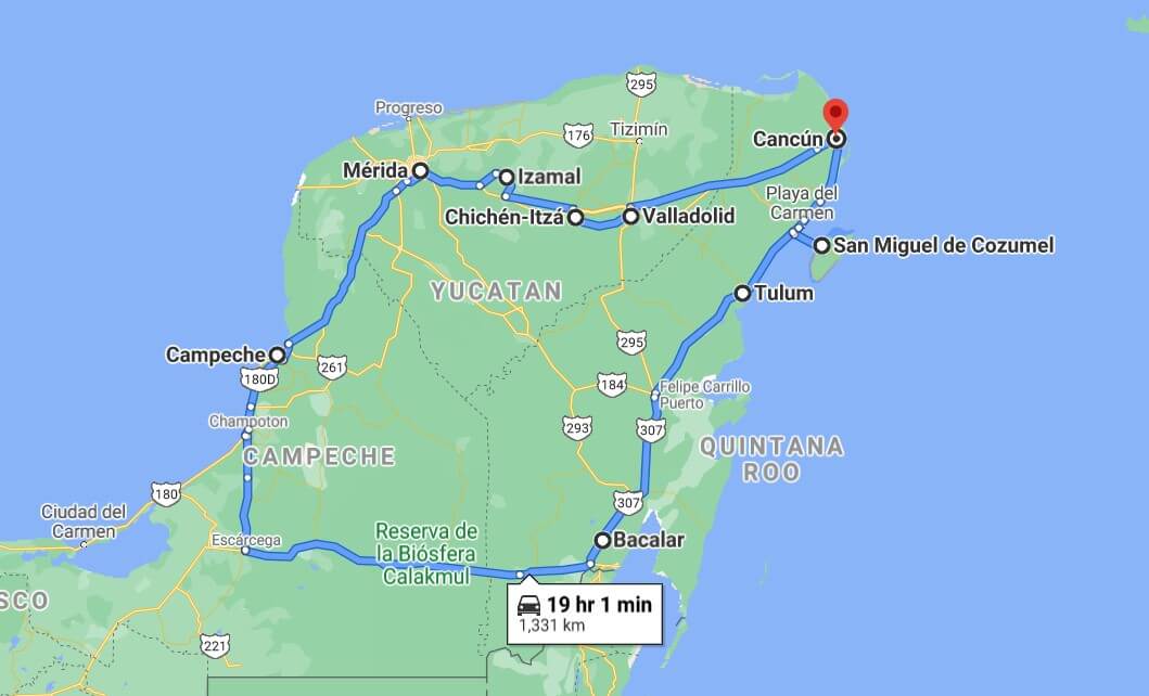 Yucatan itinerary map 