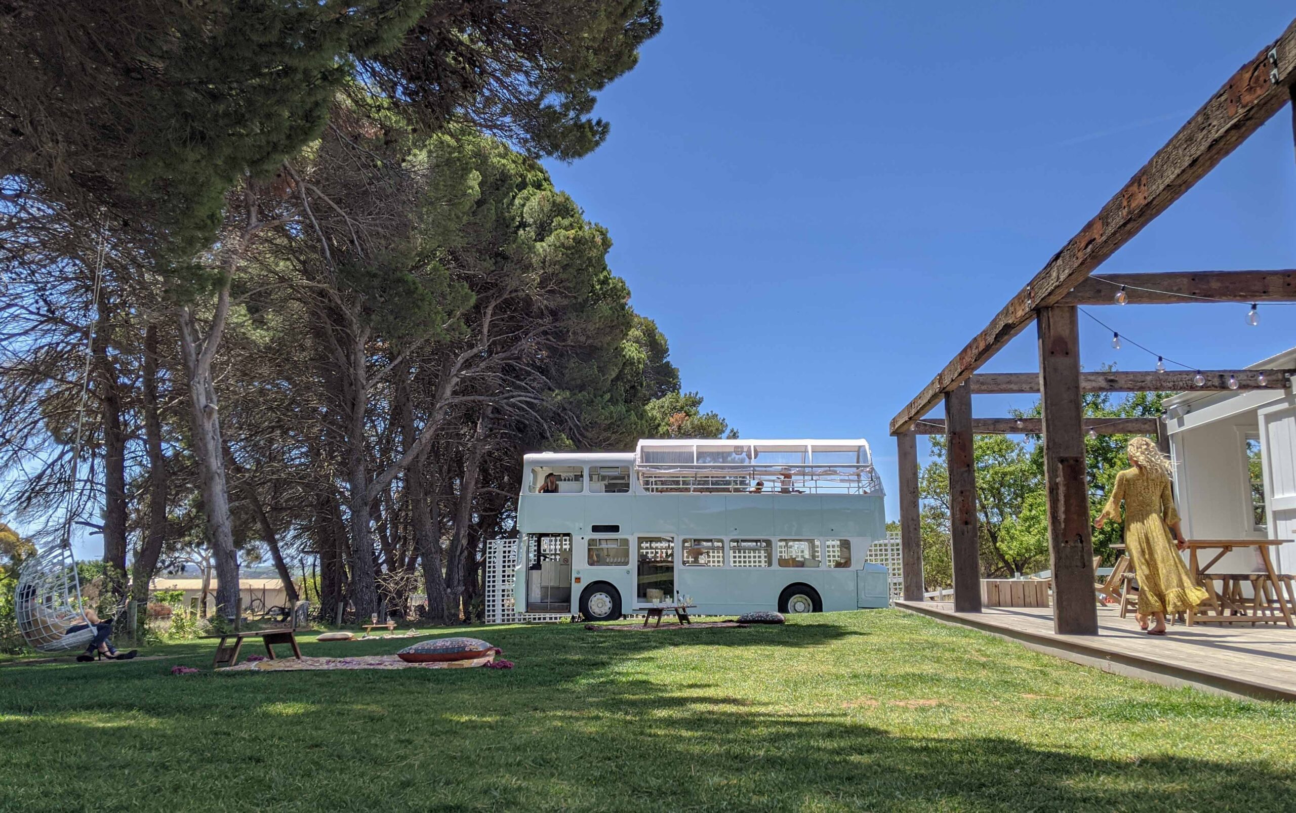 A double decker bus at a winery in Mclaren Vale