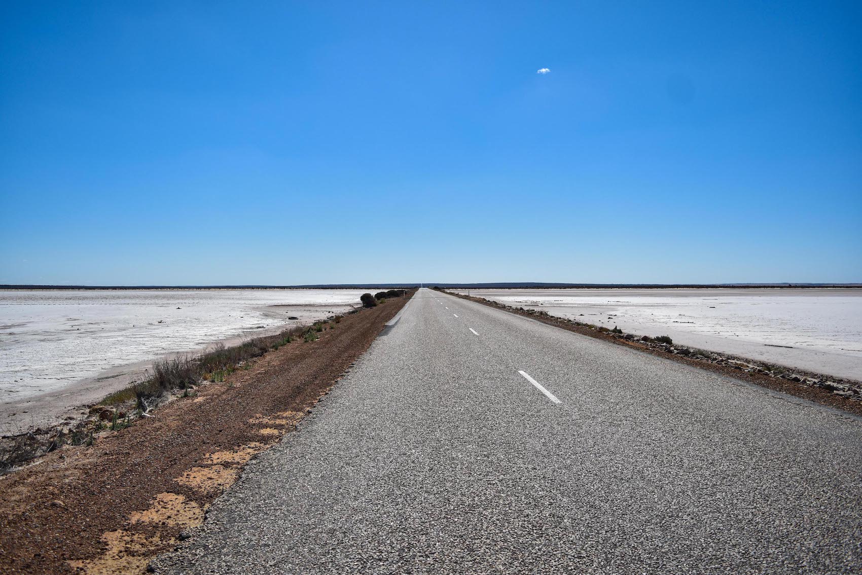 a long road with salt flats either side 