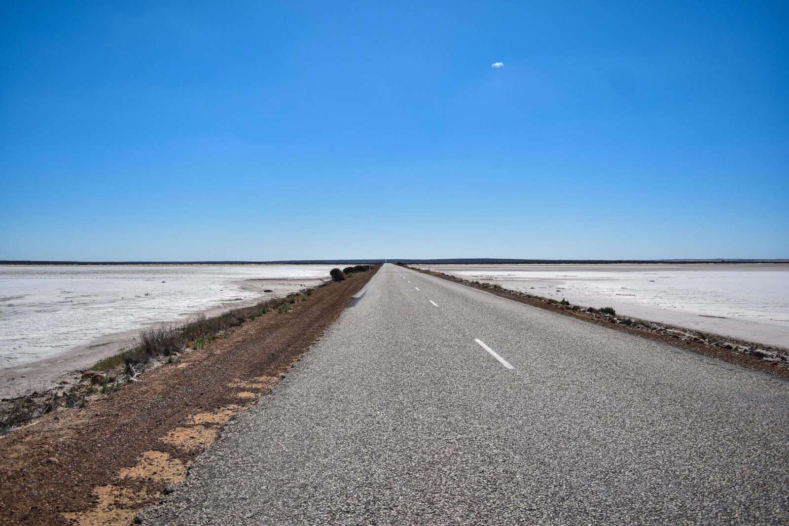 a long road with salt flats either side 