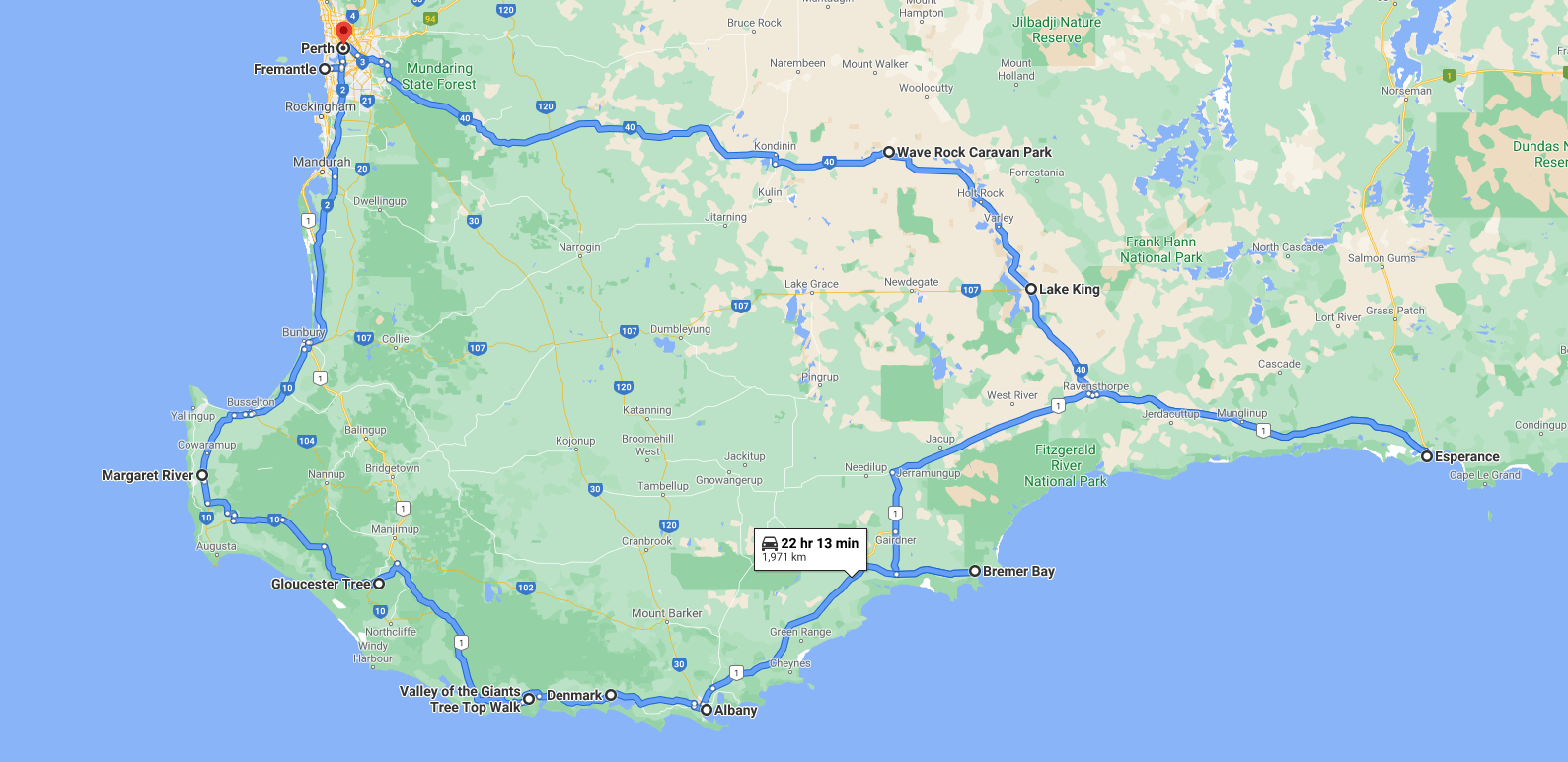 Perth to Esperance Map