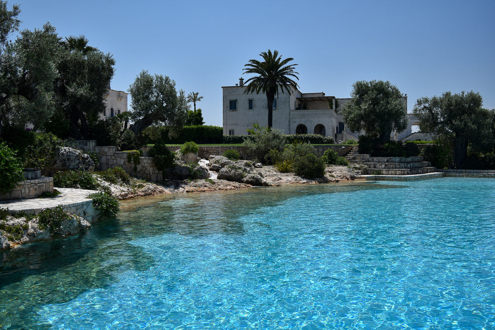 An expansive free form swimming pool at Masseria San Domenico