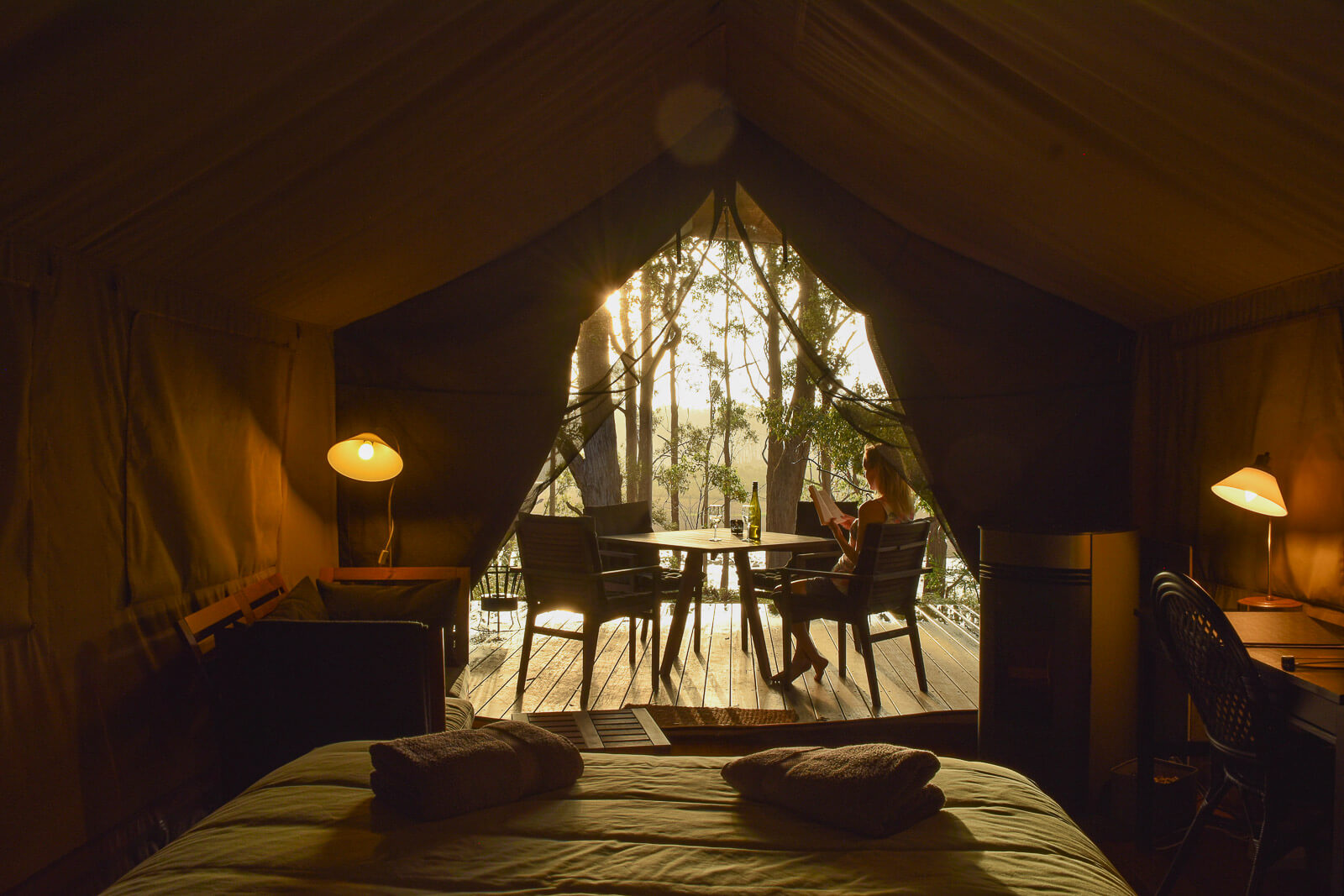 The view from inside a glamping tent looking out