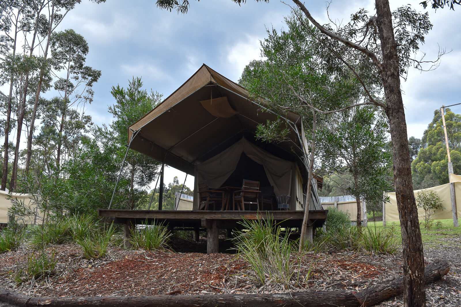 The outside of a glamping tent at Tanja Lagoon Camp 