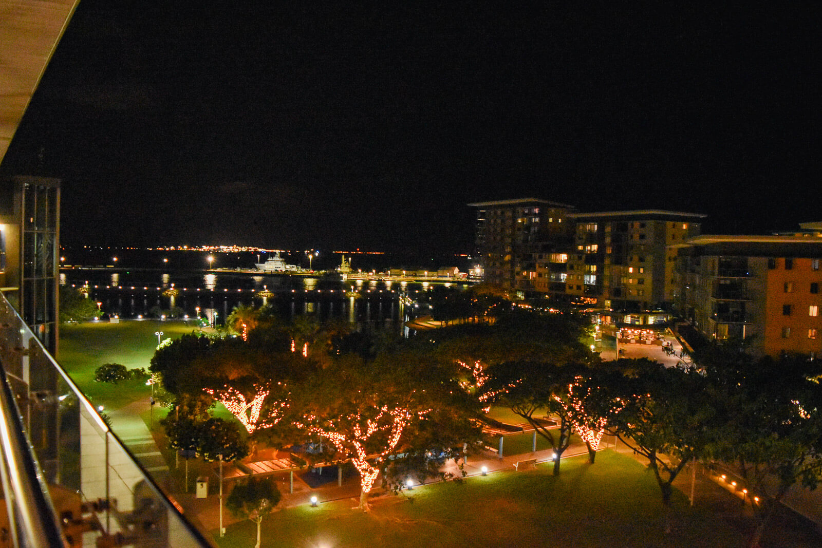 The waterfront precinct in Darwin lit up with fairy lights 