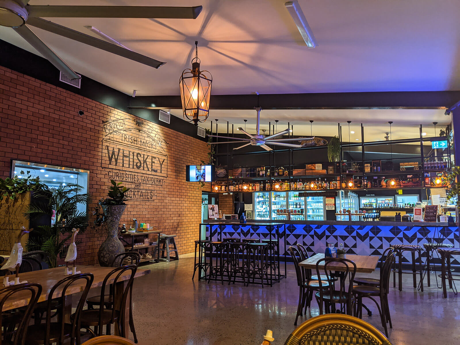 A bar with colourful lights and greenery 