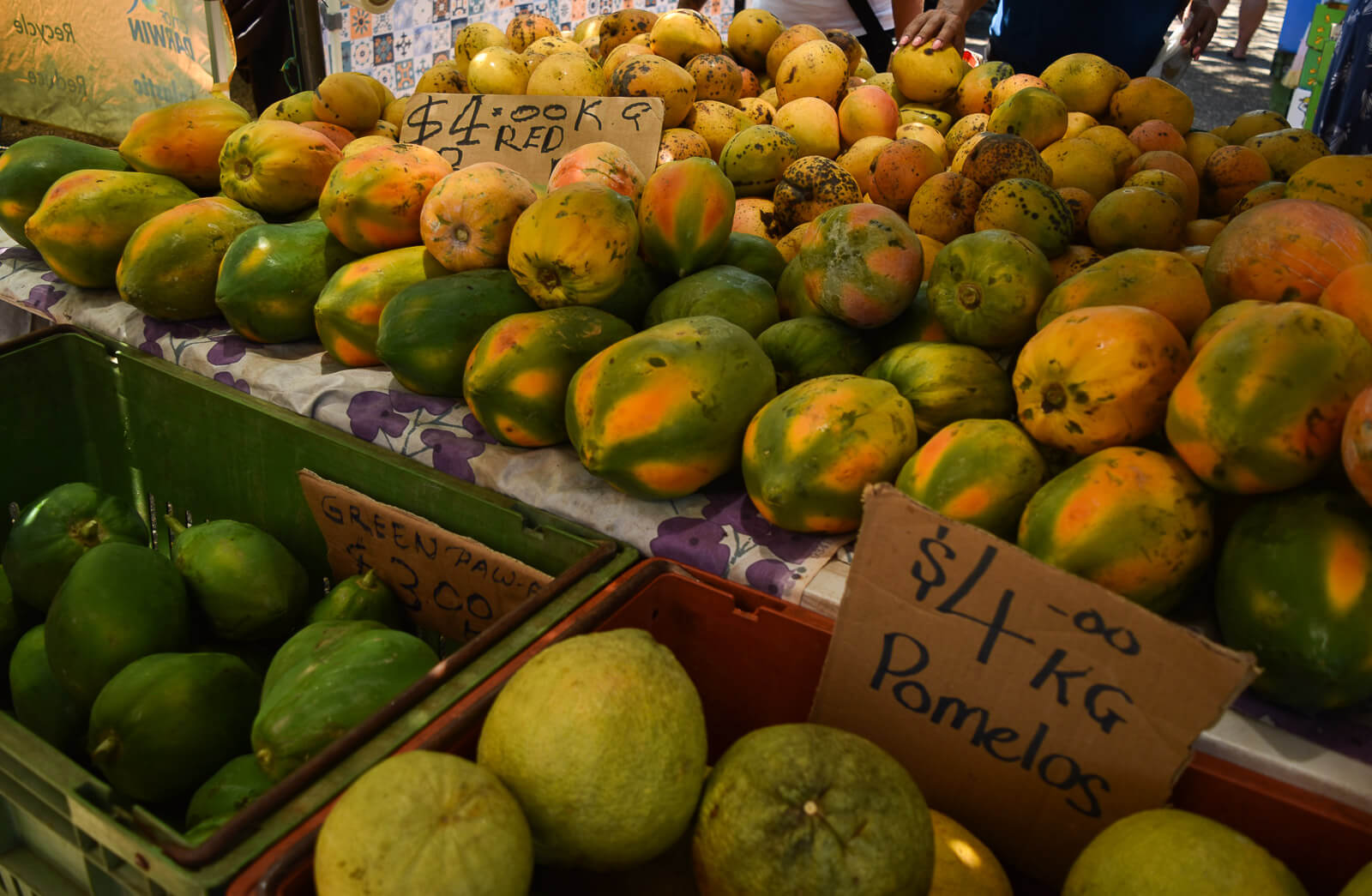 fresh melons and mangos on a market stall 