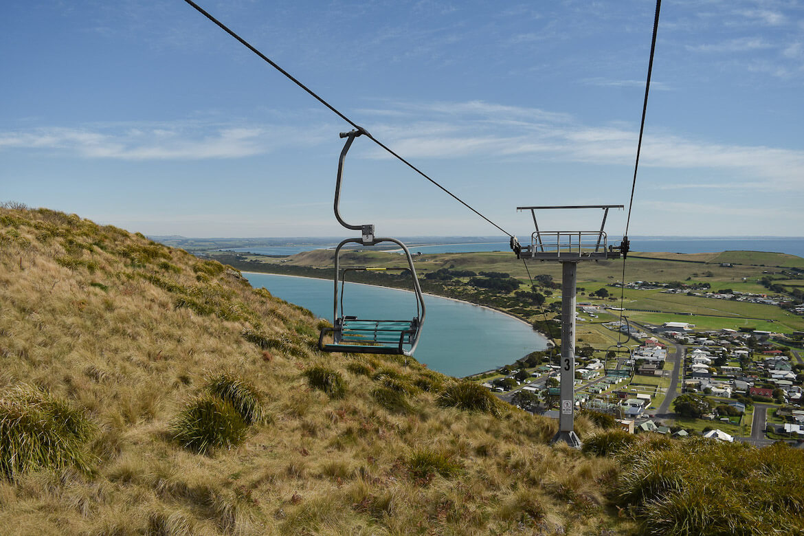 A chairlift connects Stanley town to the top of The Nut 