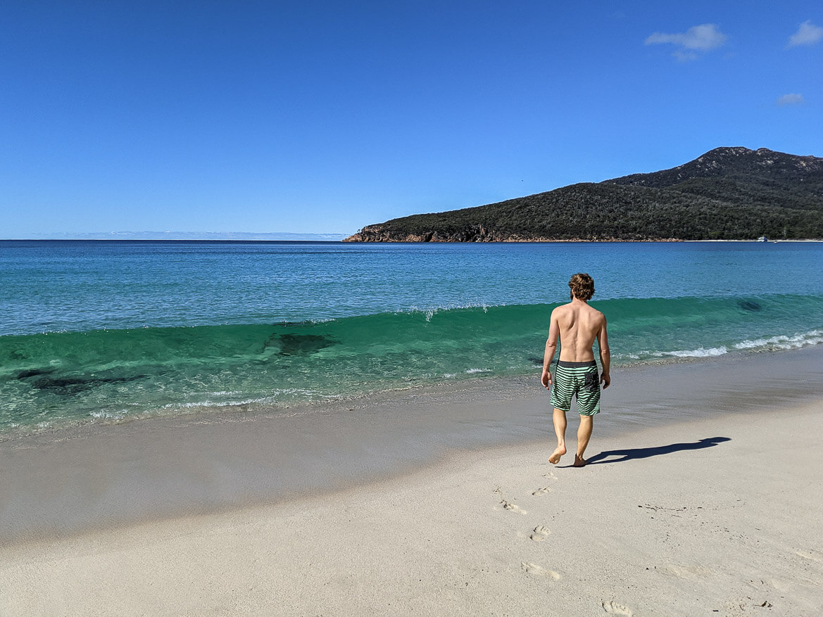 Enrico heading in for a swim at Wineglass Bay 