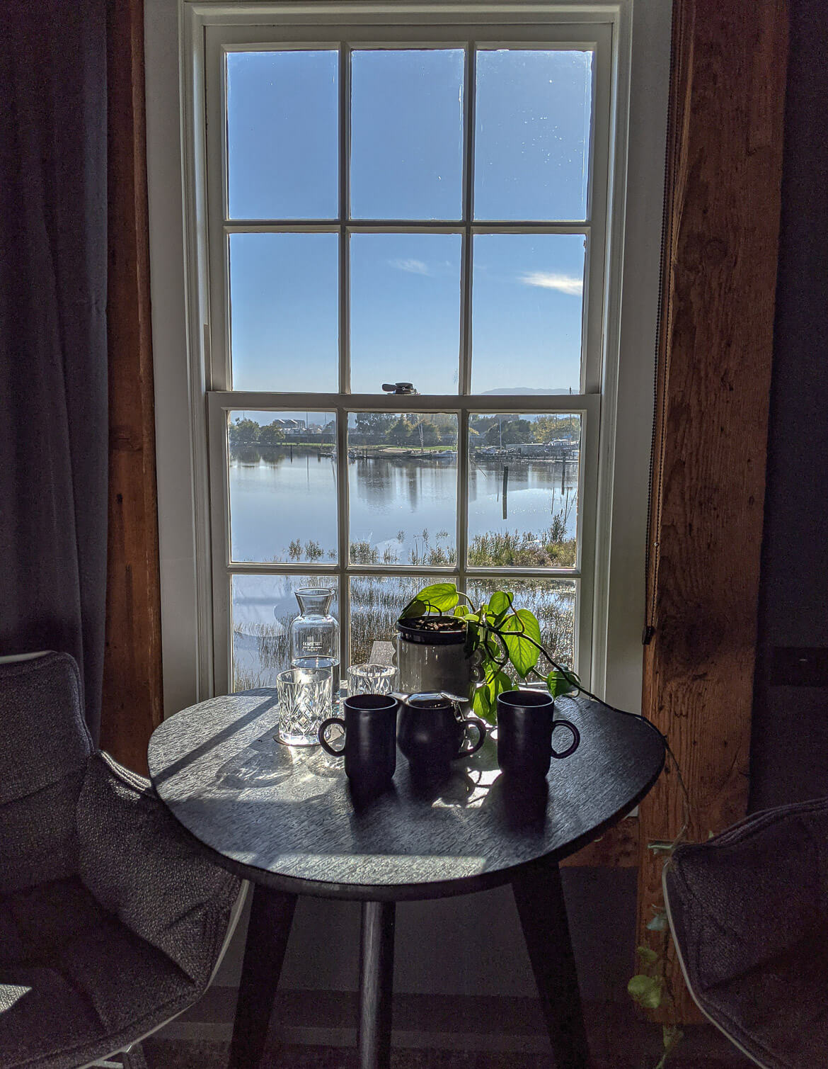 Cups of tea in front of a window with river views 
