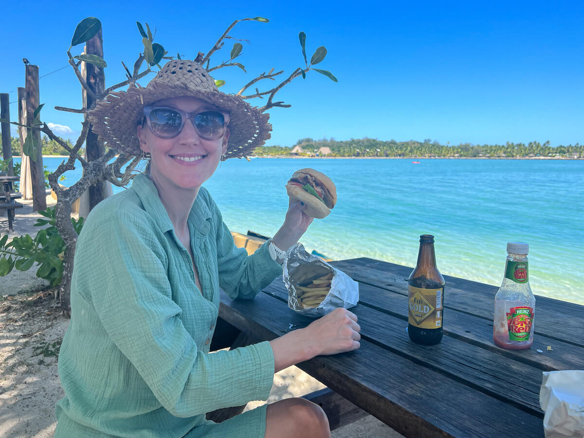 Eating a Mahi Mahi burger in Fiji