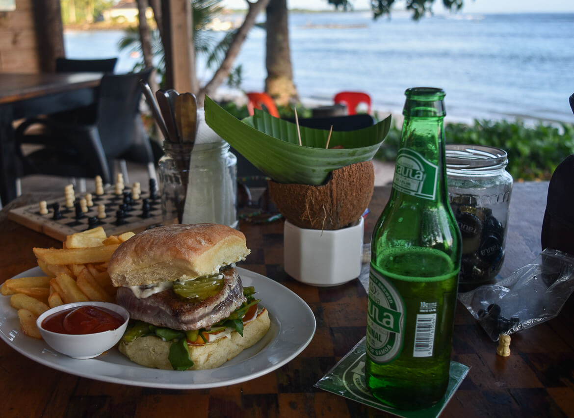 Tuna burger and coconut chips in Samoa