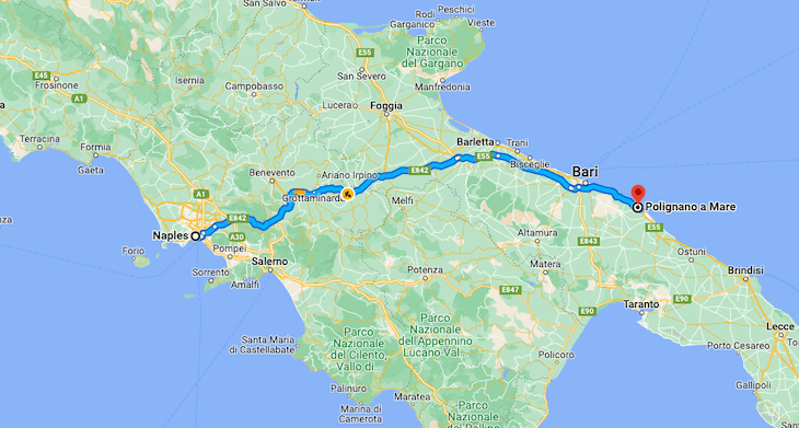 Naples to Polignano a Mare Map