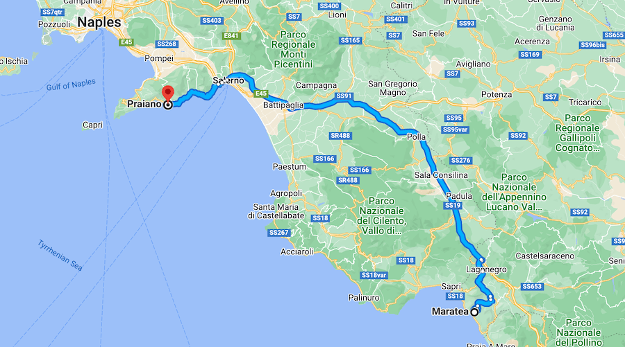 Basilicata to the Amalfi Coast Map