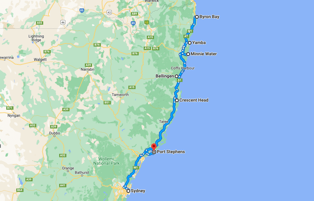 Sydney to Byron Bay Road Trip Map
