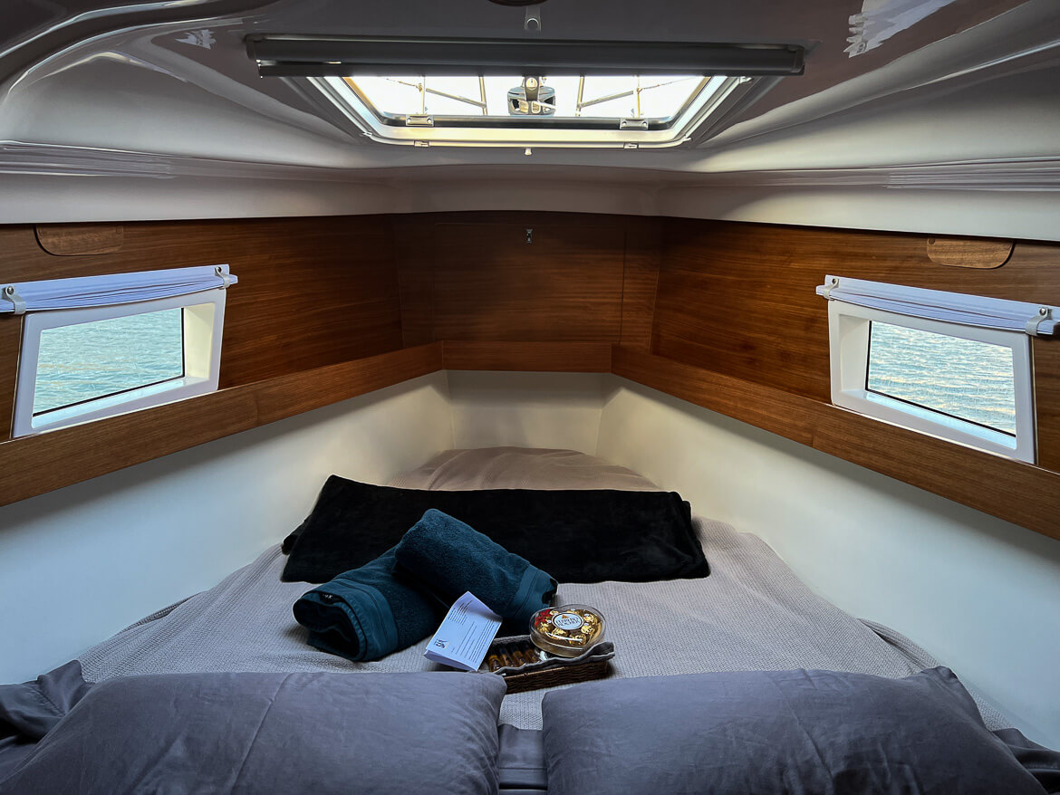 Our bedroom aboard the yacht in Sydney Harbour