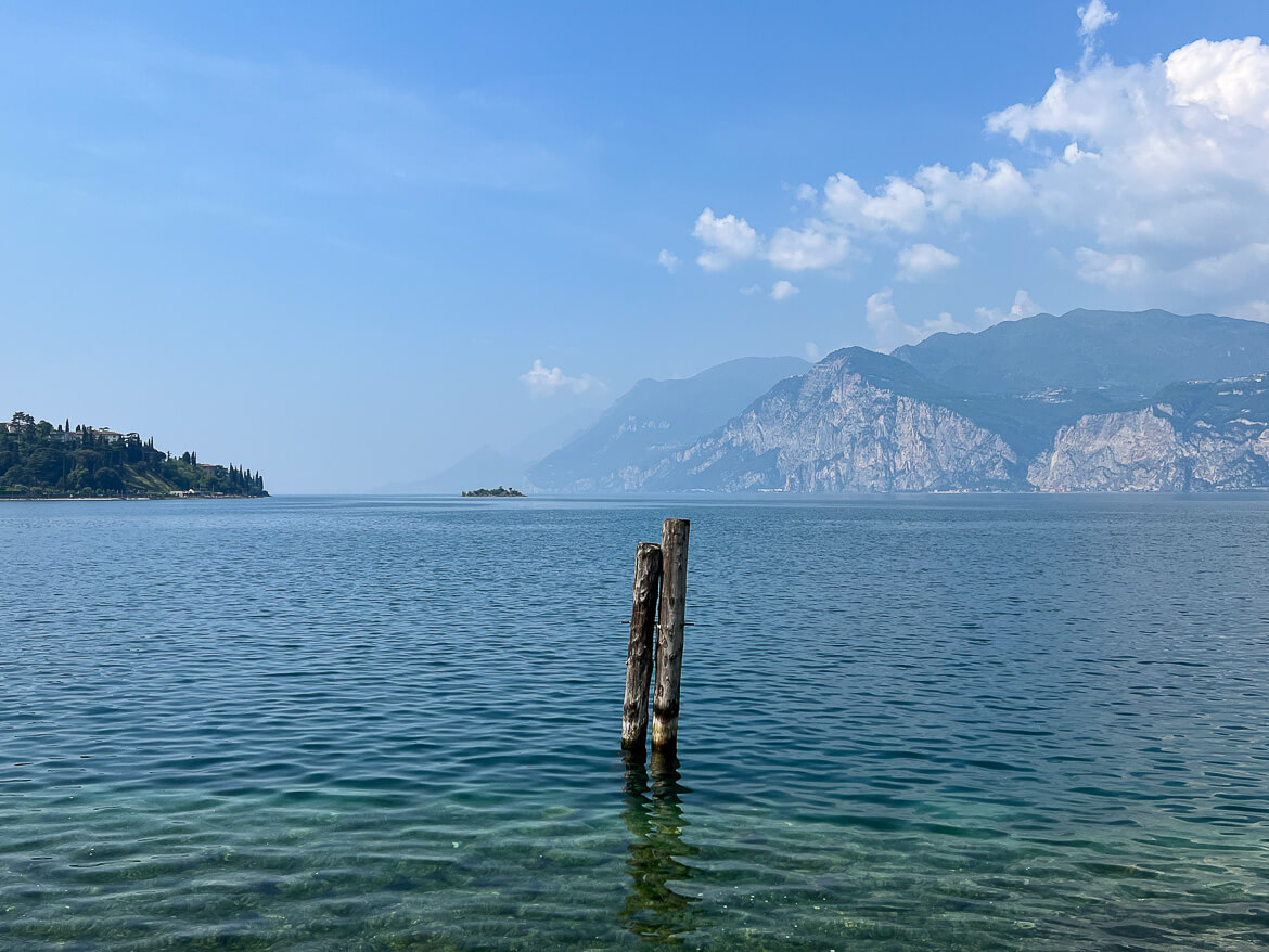 Looking out over Lake Garda with mountains in the background