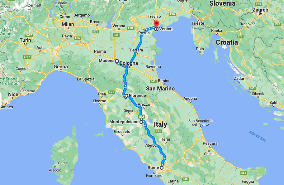 Rome to Venice Road Trip Map