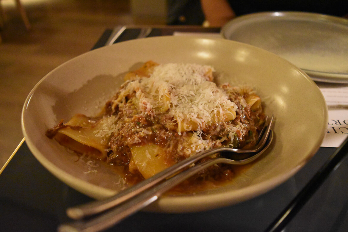 Schiaffoni with slow cooked beef & lamb ragu, rosemary, aged parmesan