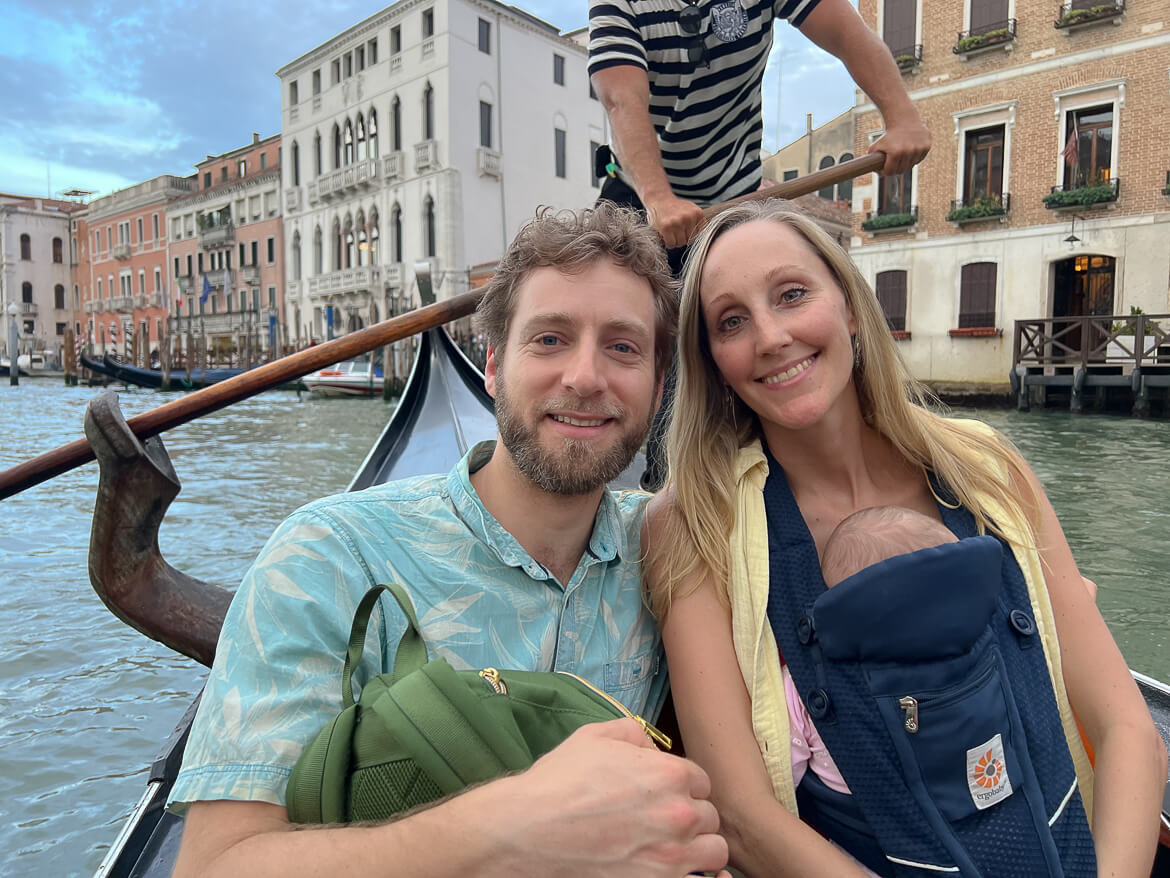Travelling with a baby in Venice in a baby carrier 