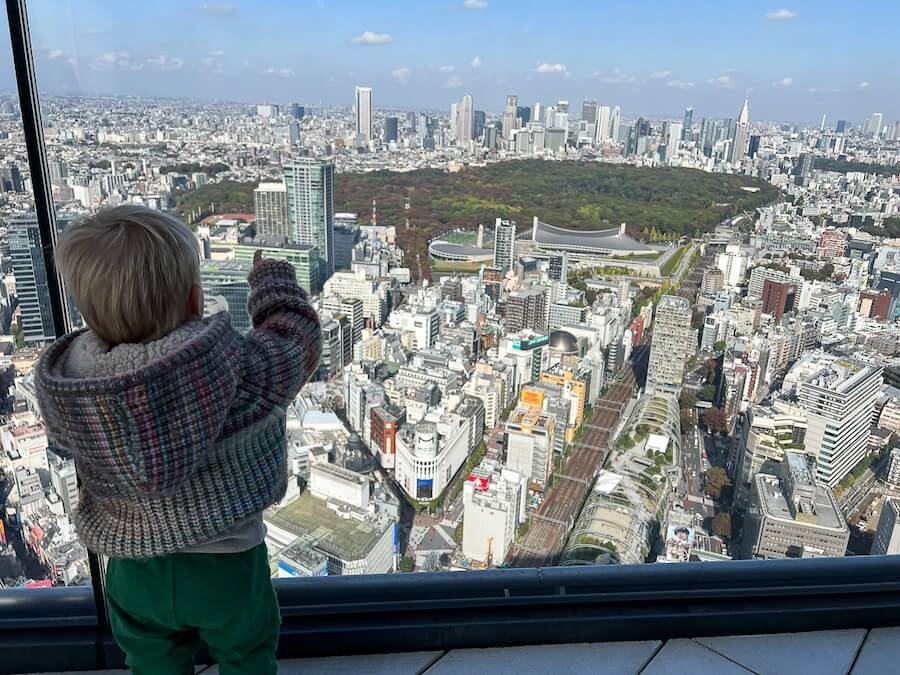 A toddler looking over Tokyo