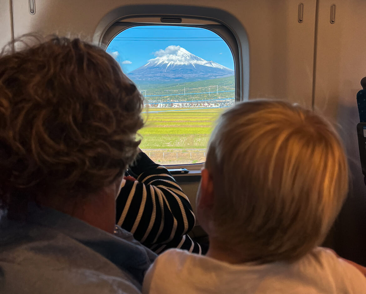 Mount Fuji from the Shinkansen with a toddler in Japan