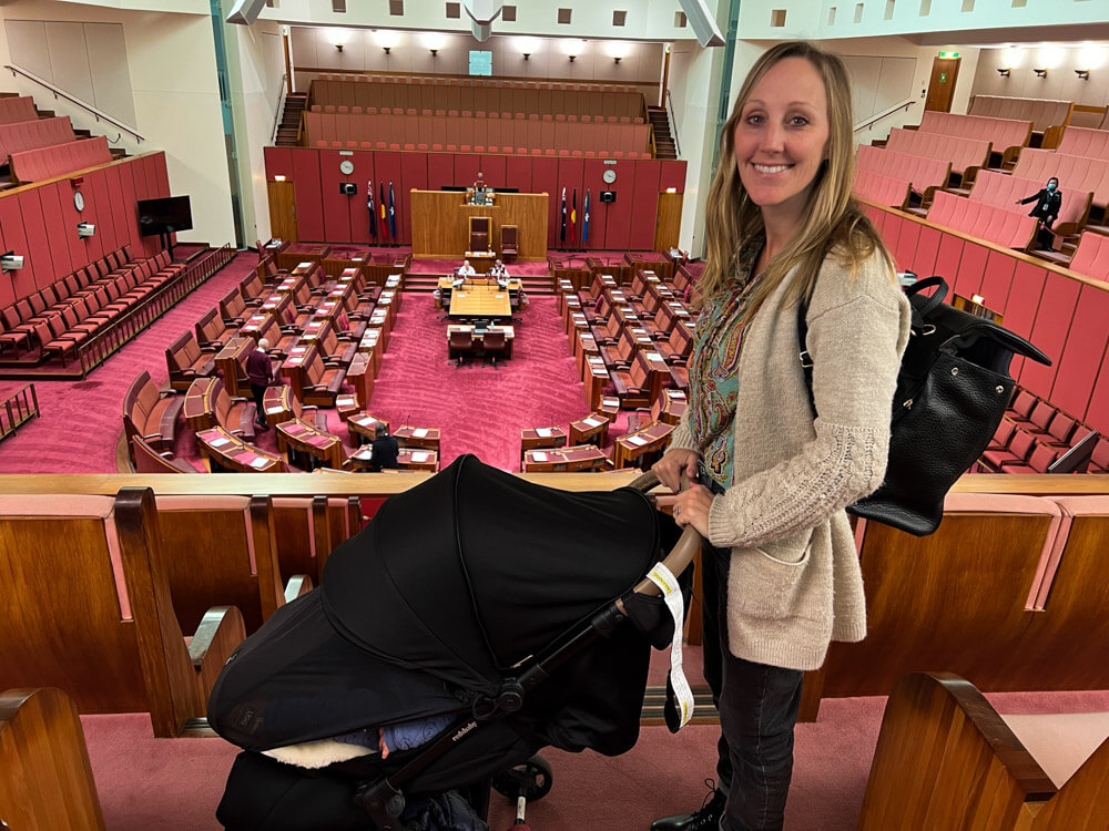 Parliament House with a sleeping baby