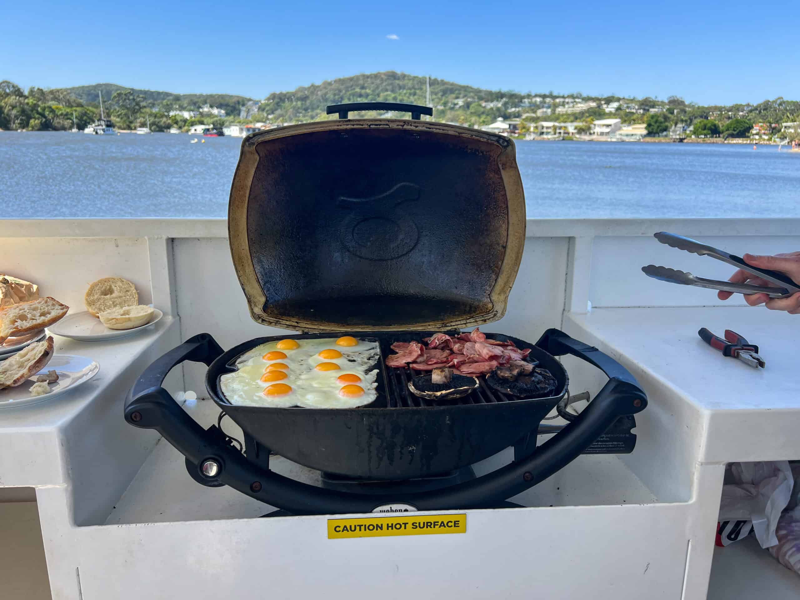 Bacon and eggs on the barbecue boat in Noosa