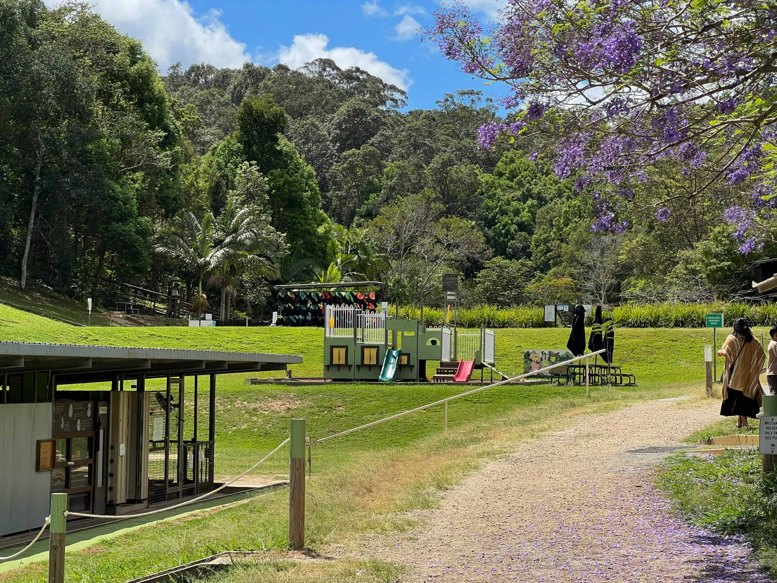 A children's playground and farm animals
