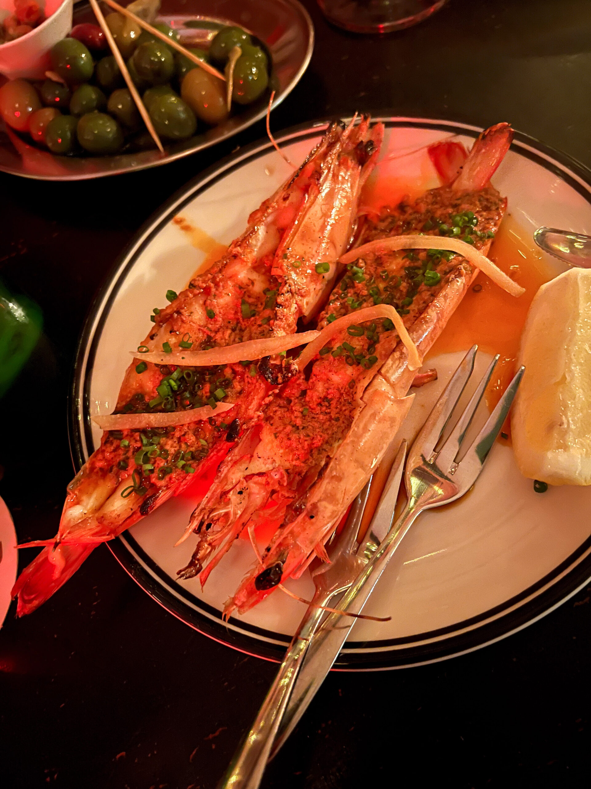 Grilled king prawns, Nduja, Herb Butter, preserved lemon