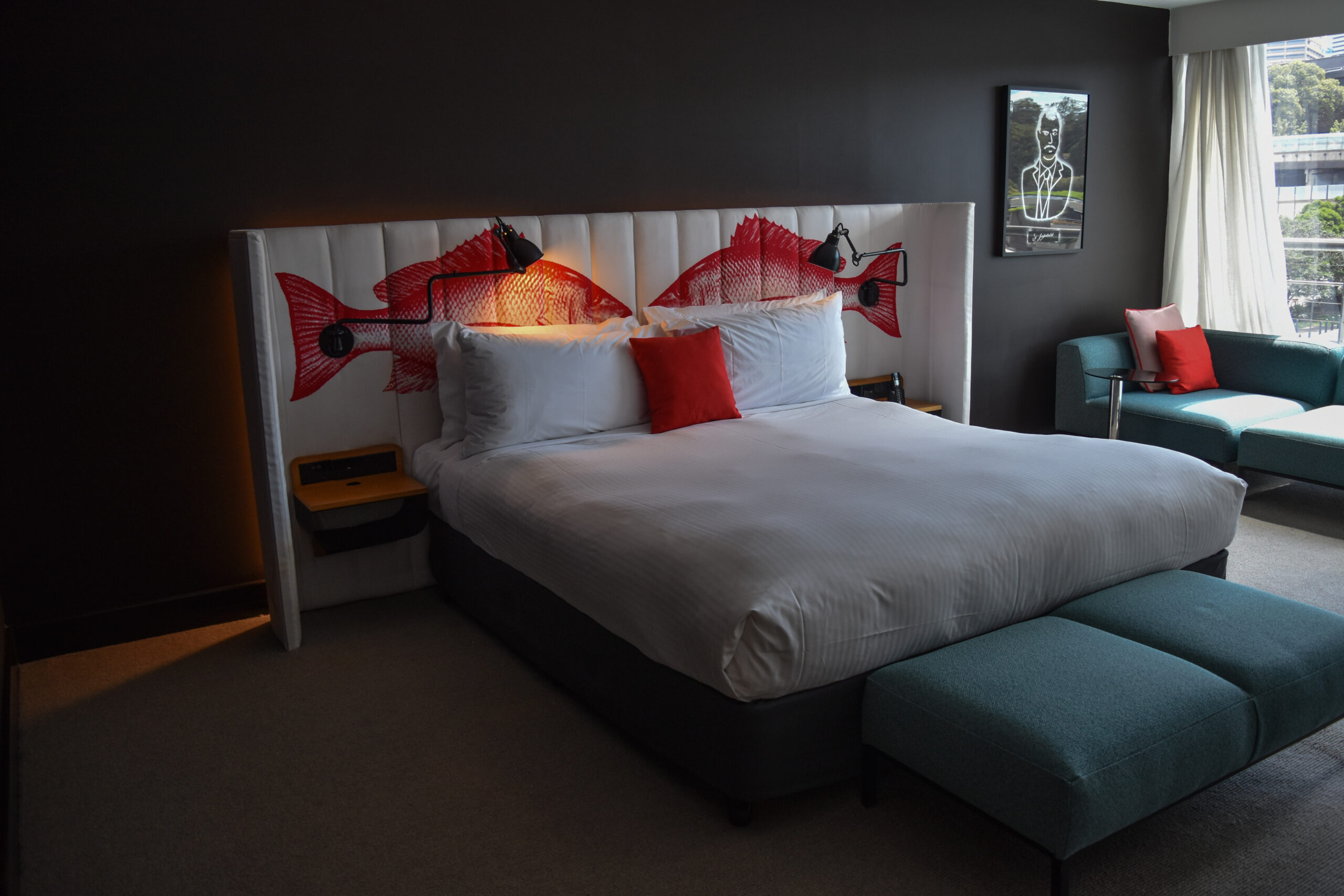 An arty bed in a hotel room