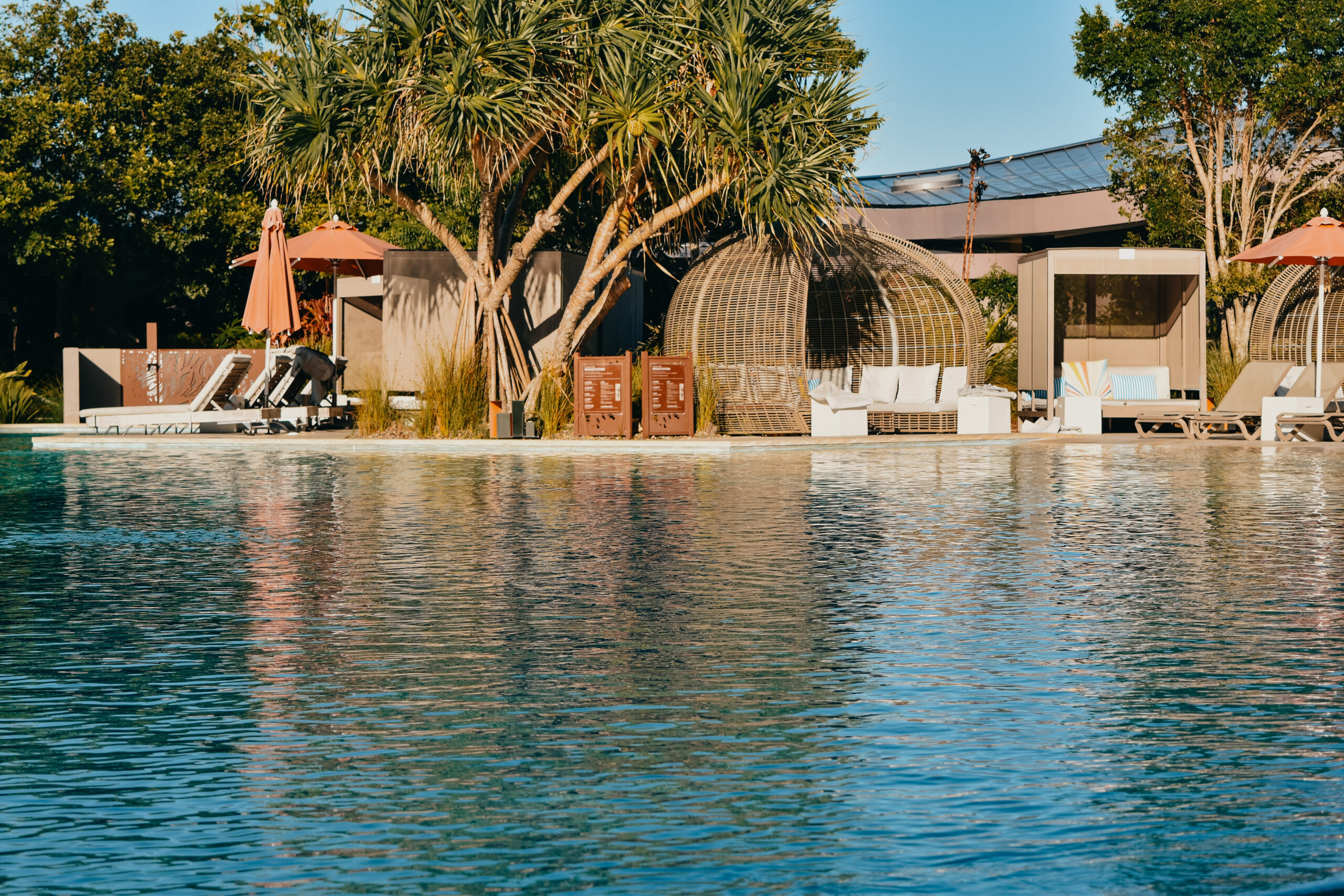 Sunbeds by the Lagoon Pool, surrounded by trees