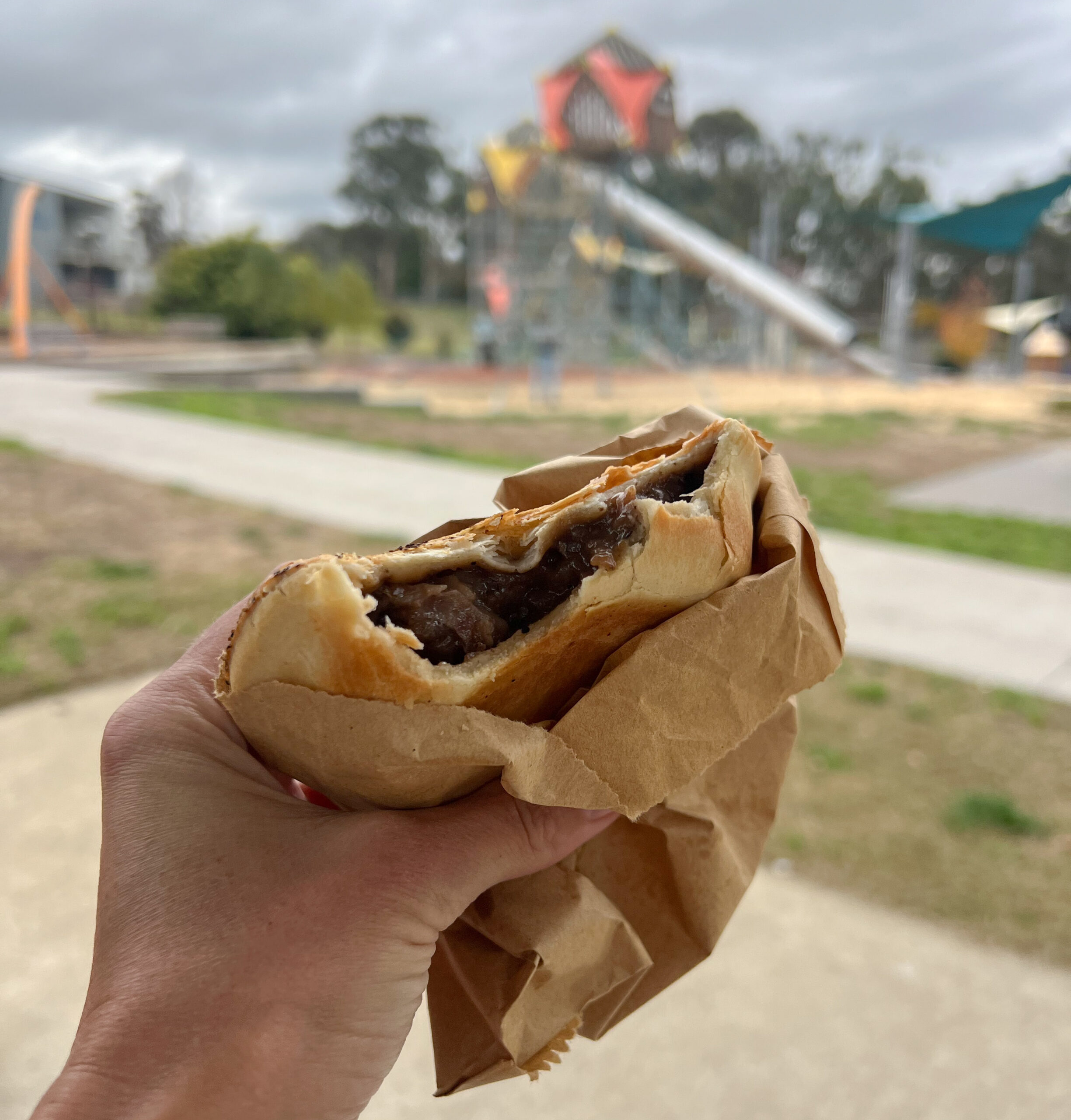 A pie from Trappers Bakery while the kids play at Goulburn Adventure Playground